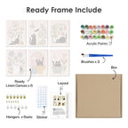 What's included pre-stretched on frame: six framed Botanical Black Cats mini canvases, paints, three brushes, hangers and layout