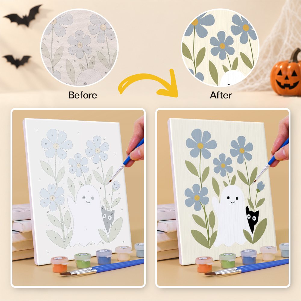 Before and after of a Botanical Black Cats mini paint by numbers canvas