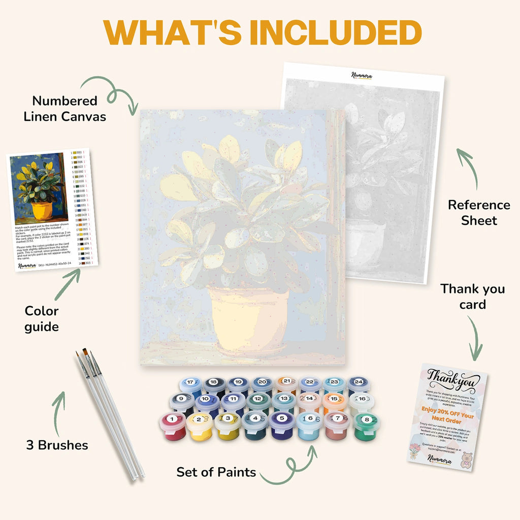 What's included in the Botanical Study paint by numbers kit: numbered linen canvas, reference sheet, color guide, 24 acrylic paints, 3 brushes and thank you card