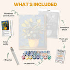 What's included in the Botanical Study paint by numbers kit: numbered linen canvas, reference sheet, color guide, 24 acrylic paints, 3 brushes and thank you card