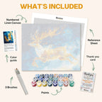 What's included in the Boundless Spirit paint by numbers kit: numbered linen canvas, reference sheet, color guide, 24 acrylic paints, 3 brushes and thank you card