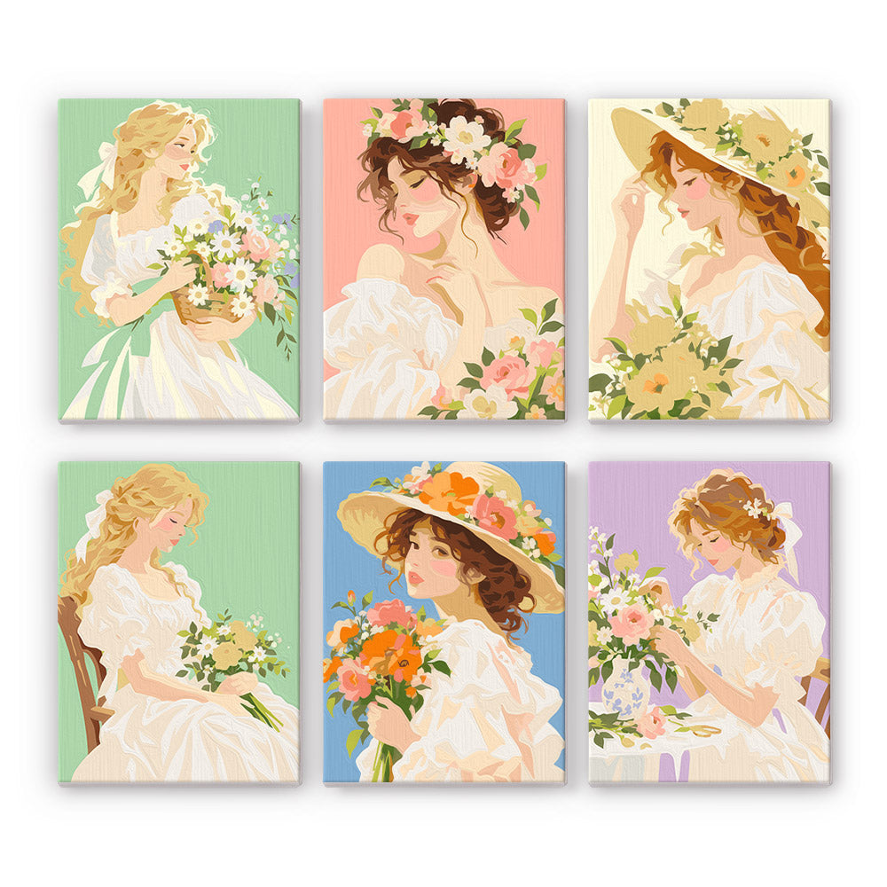 Bouquet Belles mini paint by numbers set: six romantic portraits of women in white gowns holding spring bouquets