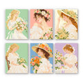 Bouquet Belles mini paint by numbers set: six romantic portraits of women in white gowns holding spring bouquets