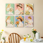 Bouquet Belles mini paintings displayed as a gallery wall in a sunny kitchen