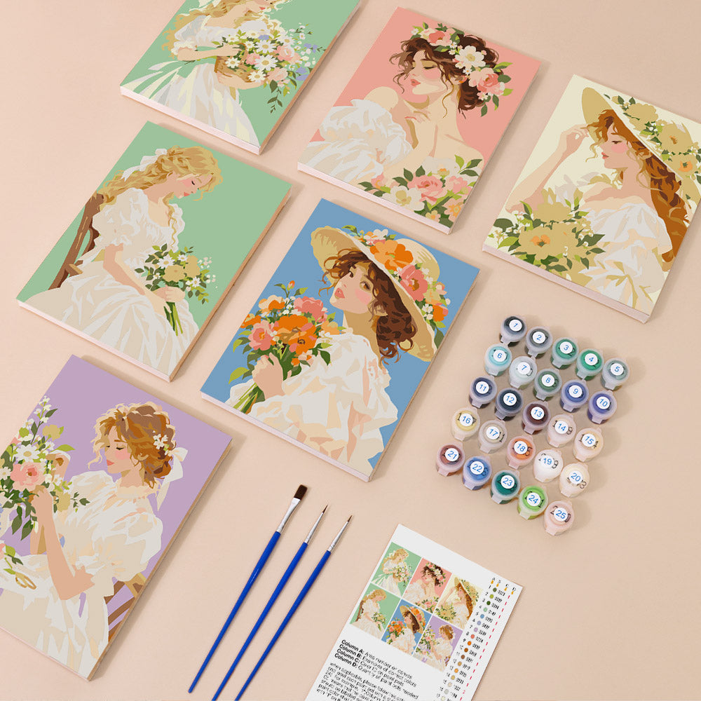 Bouquet Belles mini paint by numbers kit with six numbered canvases, acrylic paints, brushes and layout