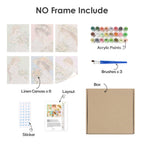 What's included without a frame: six rolled Bouquet Belles mini canvases, acrylic paints, three brushes and layout