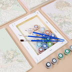 Numbered paint pots and brushes on a pre-stretched Bouquet Belles mini canvas