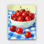 Bowl of Cherries paint by numbers kit of a white bowl of glossy red cherries on a blue checked cloth