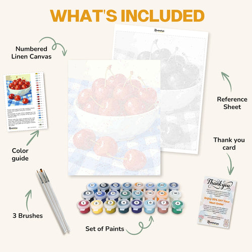 What's included in the Bowl of Cherries paint by numbers kit: numbered linen canvas, reference sheet, color guide, 24 acrylic paints, 3 brushes and thank you card