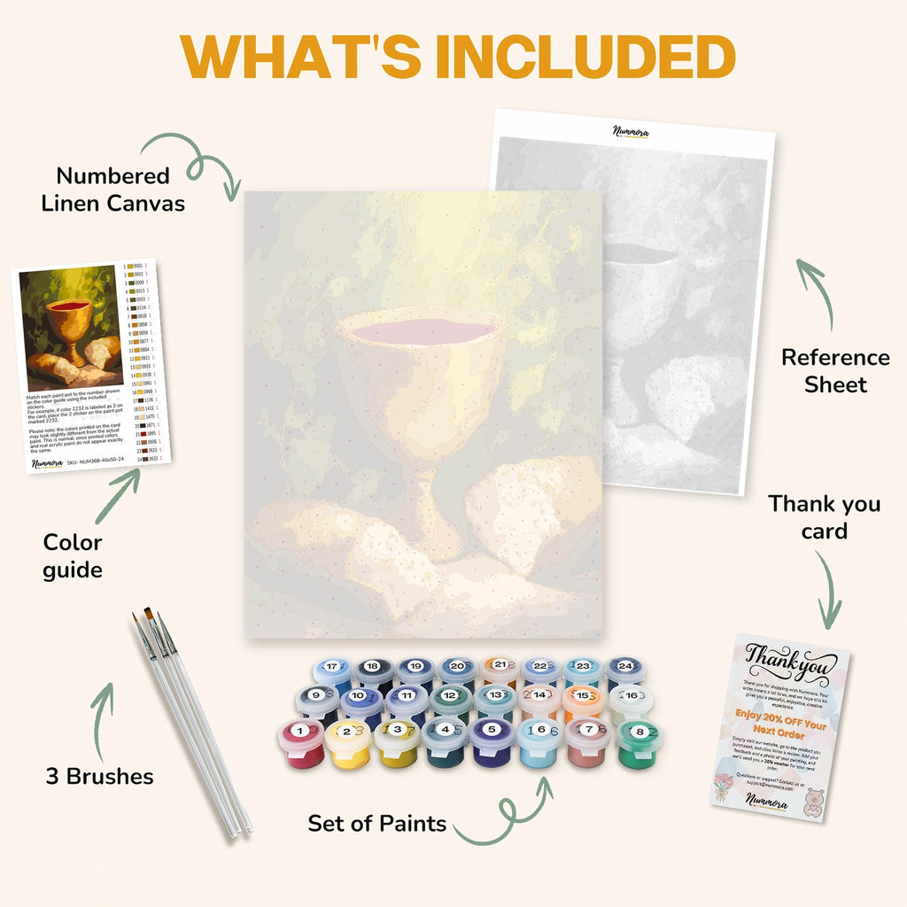 What's included in the Bread and Wine Blessing paint by numbers kit: numbered linen canvas, reference sheet, color guide, 24 acrylic paints, 3 brushes and thank you card