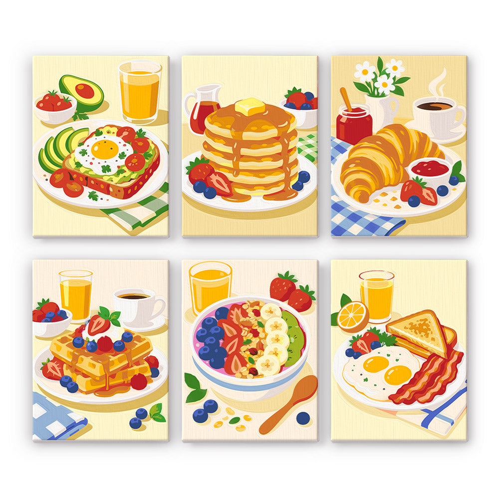 Breakfast Spread mini paint by numbers set: six breakfast plates of avocado toast, pancakes, a croissant, waffles, a fruit bowl and eggs with bacon
