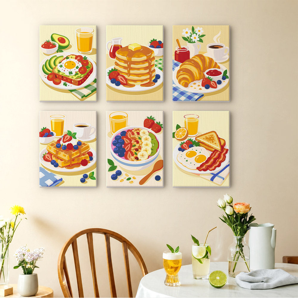 Breakfast Spread mini paintings displayed as a gallery wall in a sunny kitchen
