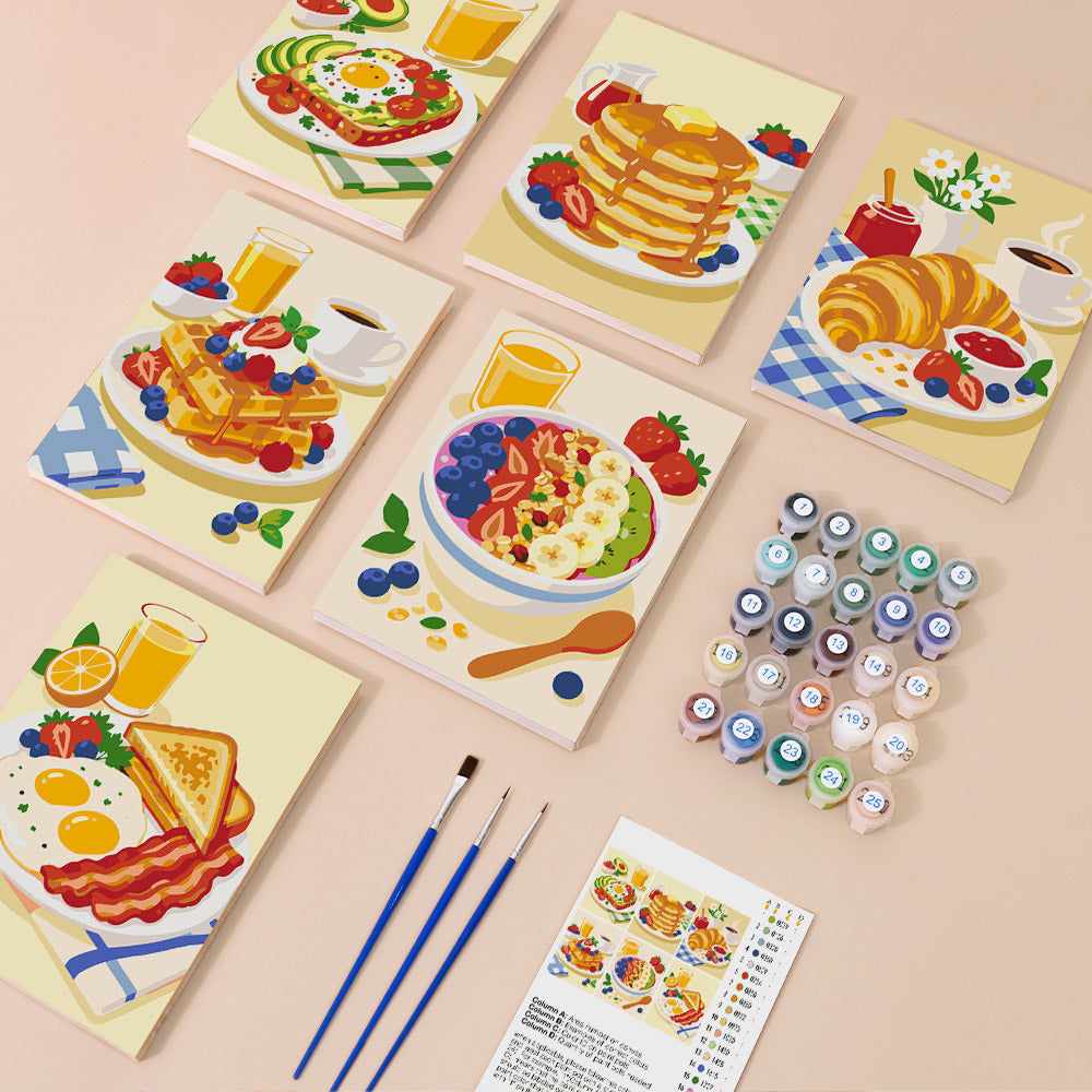 Breakfast Spread mini paint by numbers kit with six numbered canvases, acrylic paints, brushes and layout