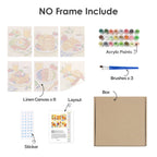 What's included without a frame: six rolled Breakfast Spread mini canvases, acrylic paints, three brushes and layout