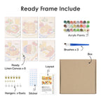 What's included pre-stretched on frame: six framed Breakfast Spread mini canvases, paints, three brushes, hangers and layout