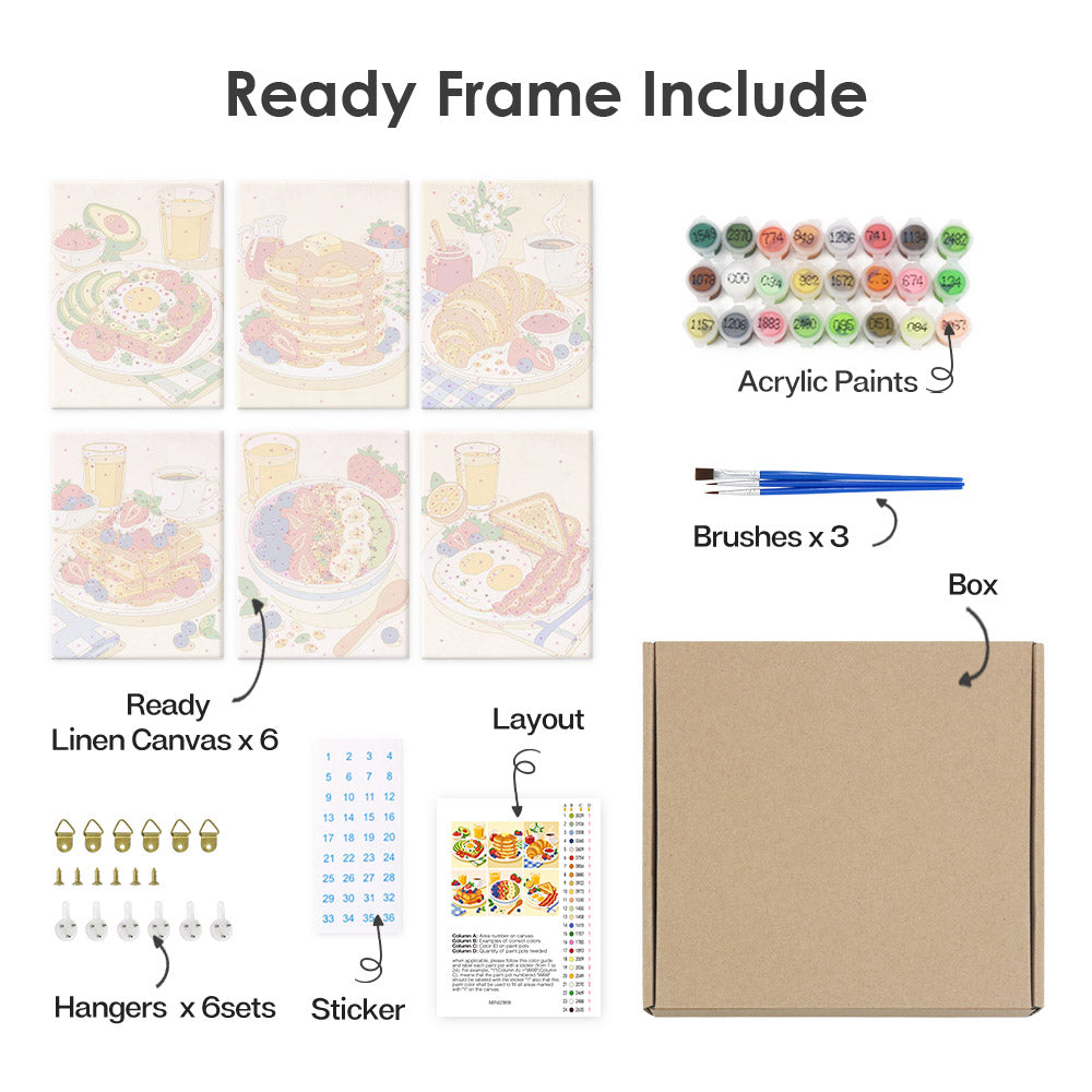 What's included pre-stretched on frame: six framed Breakfast Spread mini canvases, paints, three brushes, hangers and layout