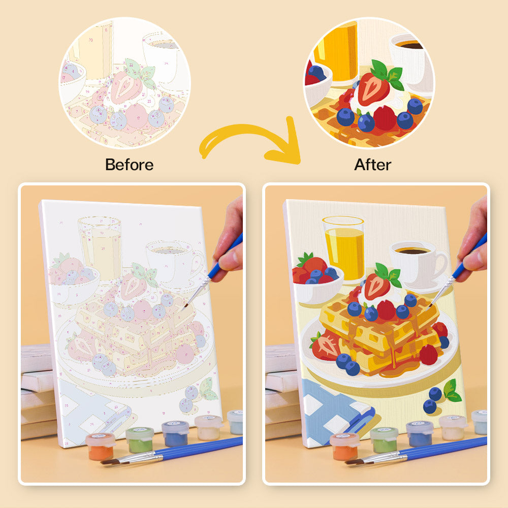Before and after of a Breakfast Spread mini paint by numbers canvas
