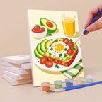 Painting a Breakfast Spread mini canvas propped up beside numbered acrylic paints