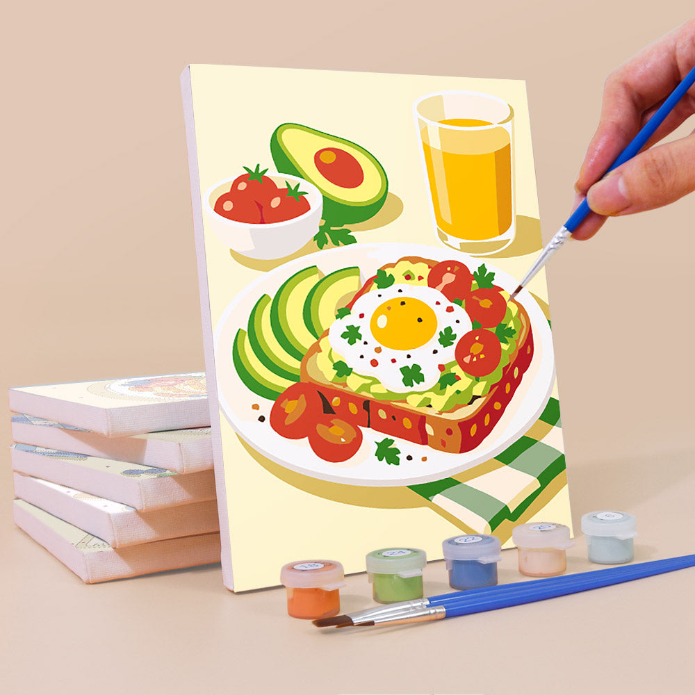Painting a Breakfast Spread mini canvas propped up beside numbered acrylic paints