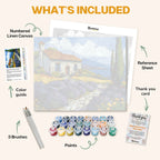 What's included in the Breeze of Lavender Hills paint by numbers kit: numbered linen canvas, reference sheet, color guide, 24 acrylic paints, 3 brushes and thank you card