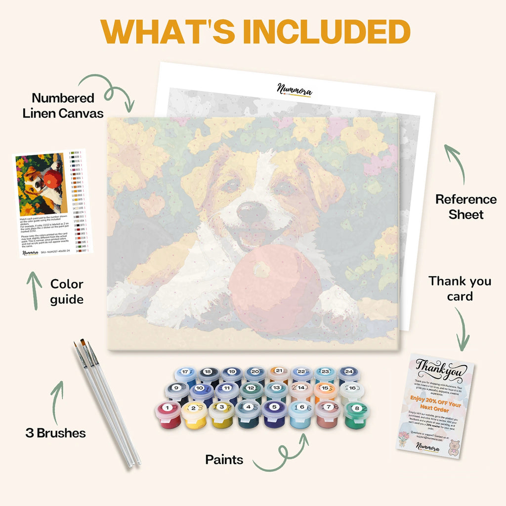 What's included in the Bright Ball, Brighter Smile paint by numbers kit: numbered linen canvas, reference sheet, color guide, 24 acrylic paints, 3 brushes and thank you card