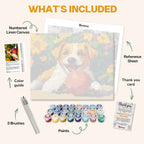 What's included in the Bright Ball, Brighter Smile paint by numbers kit: numbered linen canvas, reference sheet, color guide, 24 acrylic paints, 3 brushes and thank you card