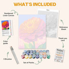 What's included in the Bright dahlia paint by numbers kit: numbered linen canvas, reference sheet, color guide, 24 acrylic paints, 3 brushes and thank you card