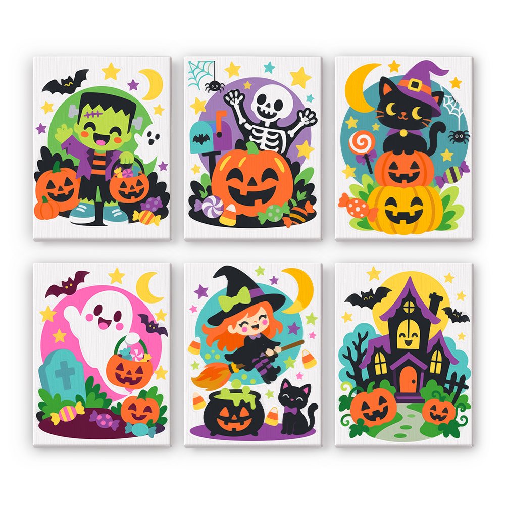 Bright Halloween Buddies mini paint by numbers set: six colorful Halloween characters on white, including a monster, skeleton, black cat, ghost, witch and haunted house