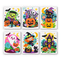 Bright Halloween Buddies mini paint by numbers set: six colorful Halloween characters on white, including a monster, skeleton, black cat, ghost, witch and haunted house