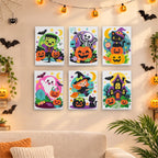 Six finished Bright Halloween Buddies mini paintings hung on a wall above a table