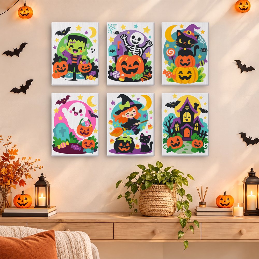 Bright Halloween Buddies mini paintings displayed as a gallery wall in a sunny kitchen