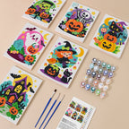Bright Halloween Buddies mini paint by numbers kit with six numbered canvases, acrylic paints, brushes and layout