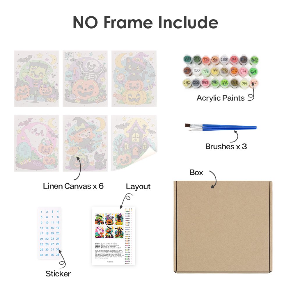 What's included without a frame: six rolled Bright Halloween Buddies mini canvases, acrylic paints, three brushes and layout