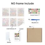 What's included without a frame: six rolled Bright Halloween Buddies mini canvases, acrylic paints, three brushes and layout