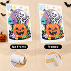 Bright Halloween Buddies mini canvas shown rolled without a frame and pre-stretched on a frame