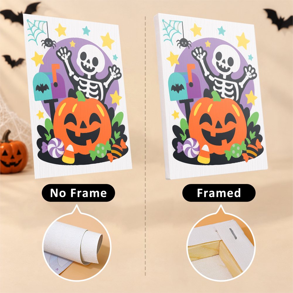 Bright Halloween Buddies mini canvas shown rolled without a frame and pre-stretched on a frame