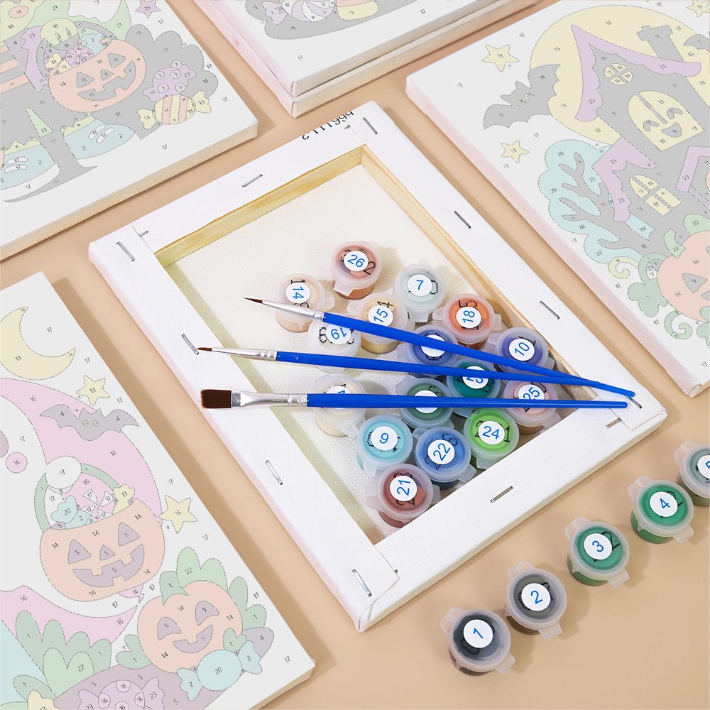 Numbered paint pots and brushes on a pre-stretched Bright Halloween Buddies mini canvas