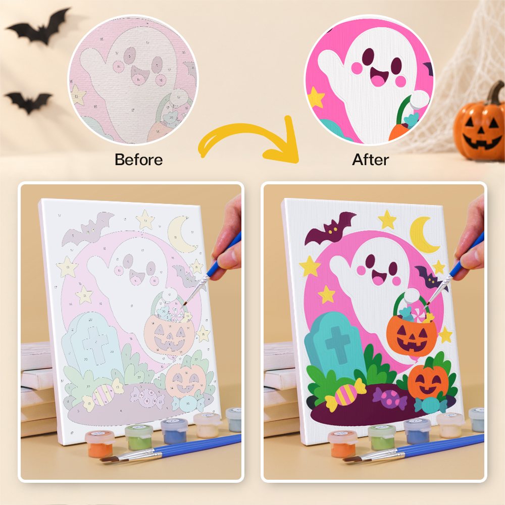 Before and after of a Bright Halloween Buddies mini paint by numbers canvas