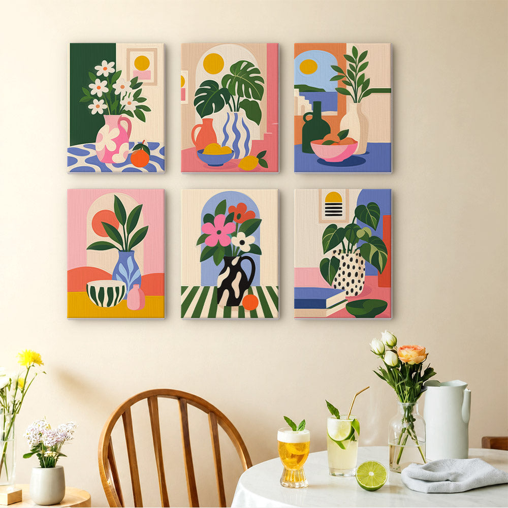 Bright Interiors mini paintings displayed as a gallery wall in a sunny kitchen