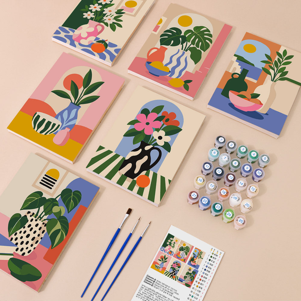 Bright Interiors mini paint by numbers kit with six numbered canvases, acrylic paints, brushes and layout