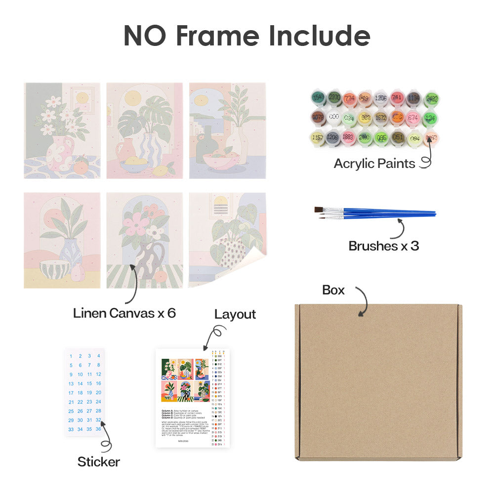What's included without a frame: six rolled Bright Interiors mini canvases, acrylic paints, three brushes and layout