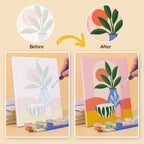 Before and after of a Bright Interiors mini paint by numbers canvas