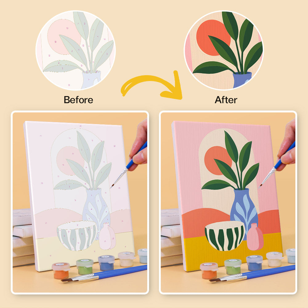 Before and after of a Bright Interiors mini paint by numbers canvas