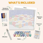 What's included in the Bright Nights paint by numbers kit: numbered linen canvas, reference sheet, color guide, 24 acrylic paints, 3 brushes and thank you card