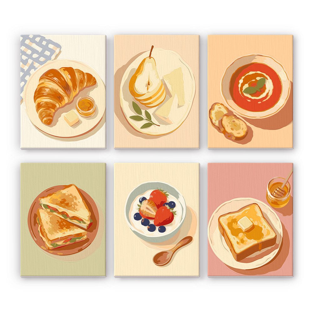 Brunch Club mini paint by numbers set: six plates of croissant, pear and cheese, soup, sandwich, yogurt and honey toast