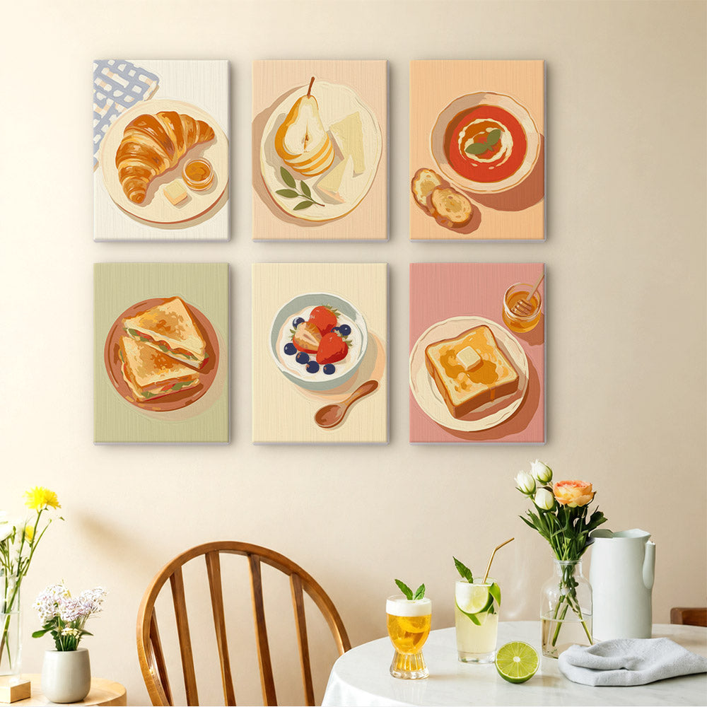 Brunch Club mini paintings displayed as a gallery wall in a sunny kitchen