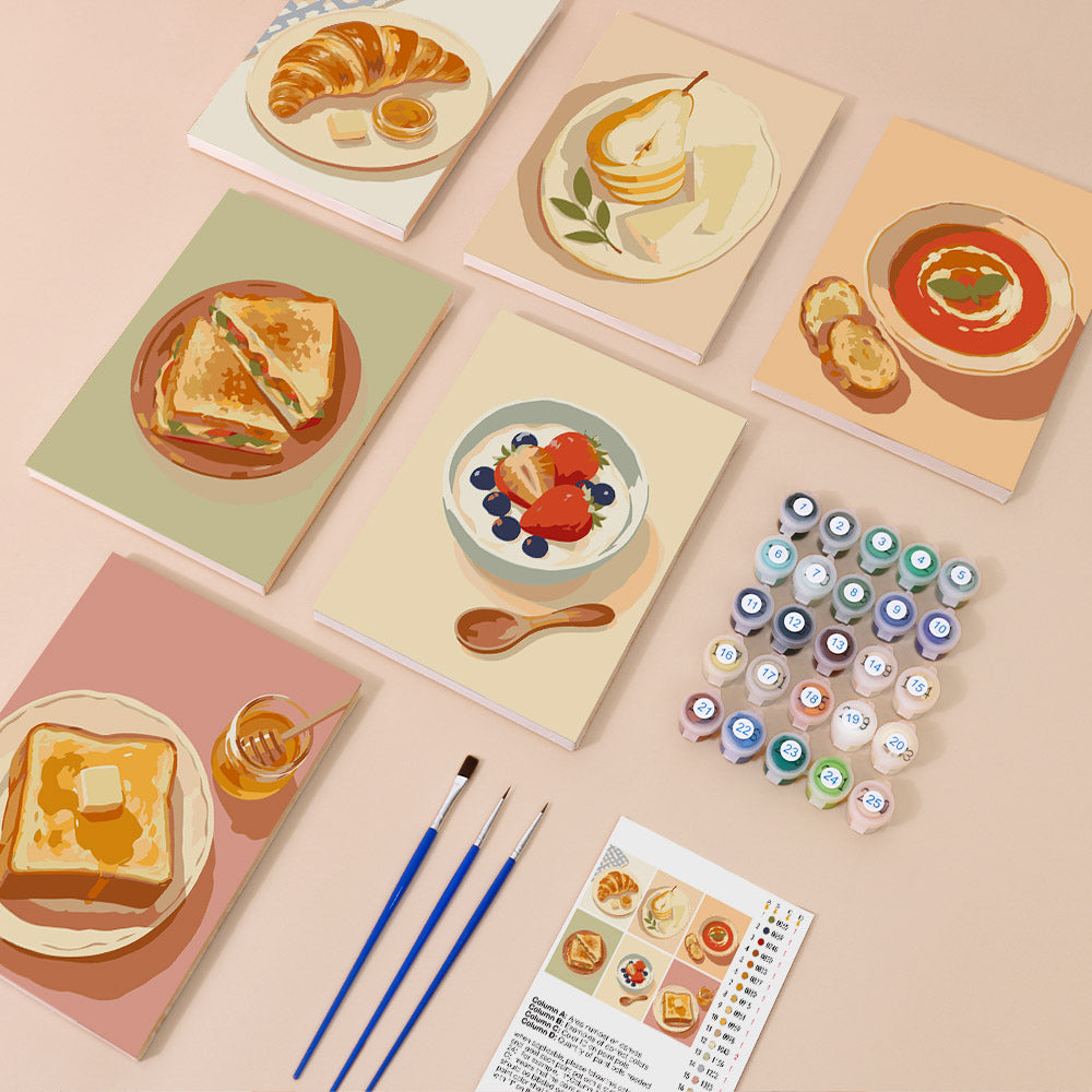 Brunch Club mini paint by numbers kit with six numbered canvases, acrylic paints, brushes and layout
