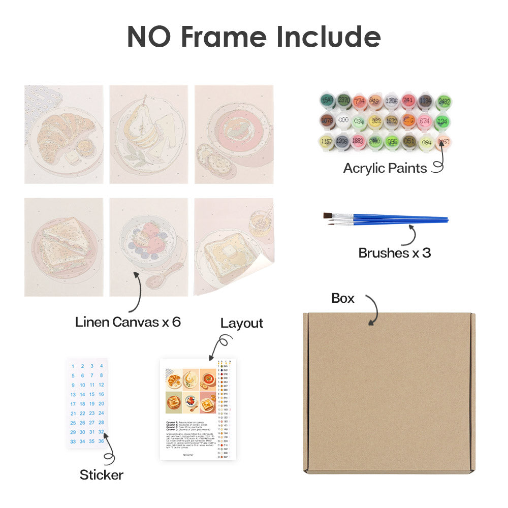 What's included without a frame: six rolled Brunch Club mini canvases, acrylic paints, three brushes and layout