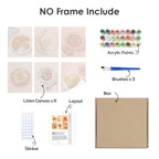 What's included without a frame: six rolled Brunch Club mini canvases, acrylic paints, three brushes and layout