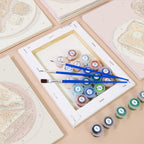 Numbered paint pots and brushes on a pre-stretched Brunch Club mini canvas